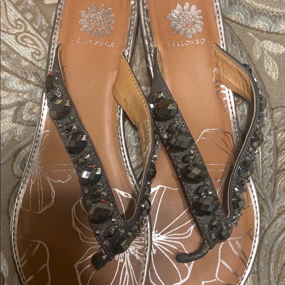 Yellow box jeweled flip flops